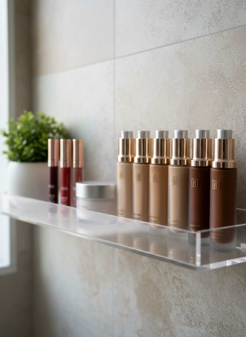 A close-up, photographic image of a crystal-clear acrylic bathroom shelf holding an assortment of inclusive beauty products: richly tinted foundations in multiple shades from very light to deep ebony, a translucent setting powder, and a set of lip oils in rose, berry, and nude tones. The containers are modern and label-light, with subtle metallic caps and frosted glass. Behind them, a blurred, neutral-tiled wall and a small green plant in a white pot add softness. Diffused daylight from an unseen window creates a clean, even glow with delicate reflections on the glass. Captured at eye level with a shallow depth of field, the composition feels balanced and editorial, conveying inclusivity, quality, and sophisticated beauty care.