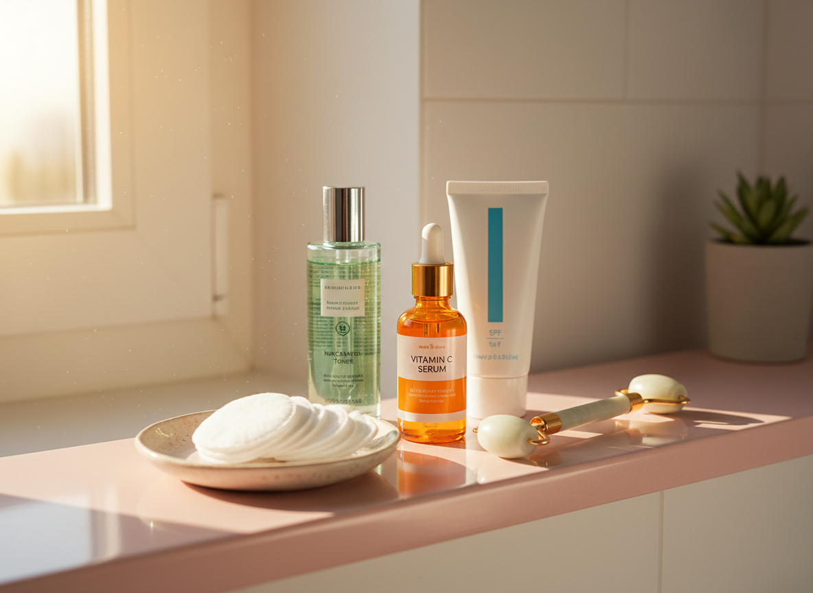 Morning skincare routine products including vitamin C serum, SPF sunscreen, niacinamide toner, cotton pads, and a jade roller on a pink bathroom shelf
