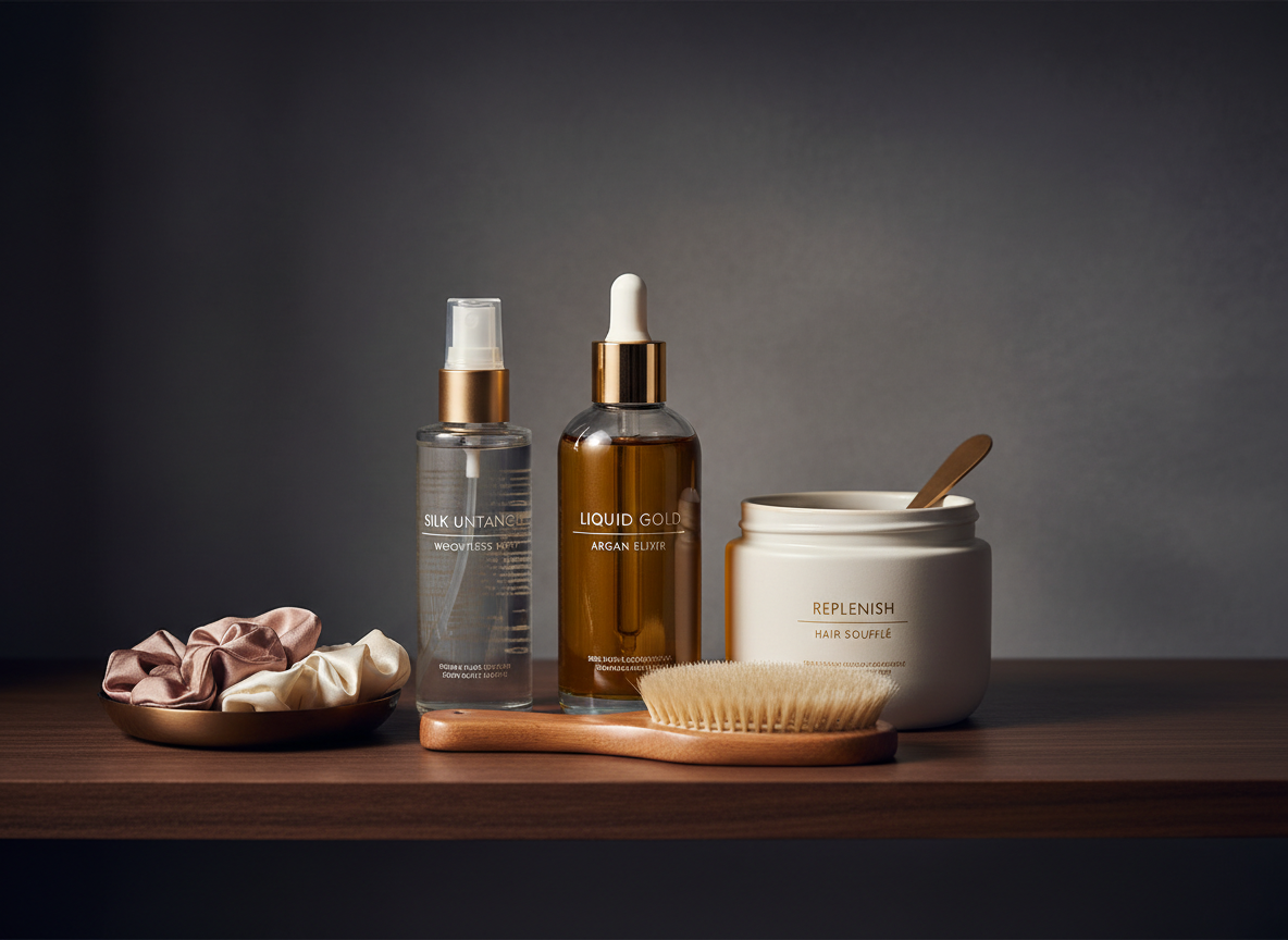 Argan oil, deep conditioning hair mask, detangling spray, boar bristle brush, and silk scrunchies arranged on a dark walnut shelf